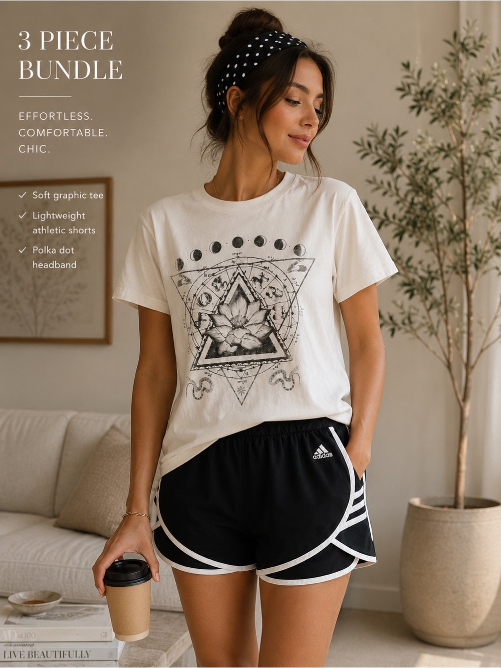 3 Piece Casual Bundle – Adidas Shorts Graphic Tee Headband Size M